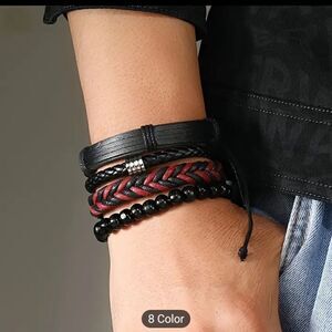 Men's leather bracelets‎ set 4pc  layered braided beaded black new e30